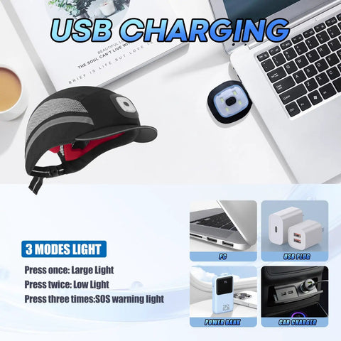 Lightweight Bump Cap With Reflective Stripes, Breathable Baseball Cap Style Head Protection Hat For Men And Women, ABS Shell EN 812 Certified, Black With Light, Large shown with USB charging setup and lighting modes.