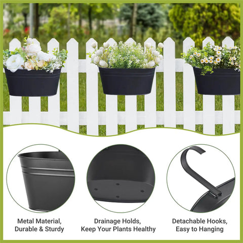 planter pots with hooks 10.5 Inch Metal Iron Hanging Flower Pots For Balcony Railing And Fence  Window Garden Decor 3 Pack With Detachable Hooks Black Countryside Style  Plant