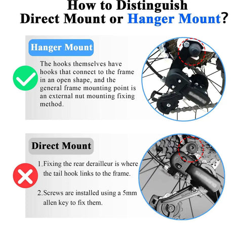 Comparison of hanger mount vs direct mount for rear derailleur installation.