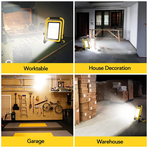 Dual 50W And 80W LED Work Light With 108 LED Beads illuminating worktable, house, garage, warehouse on stand with 16.4 ft cord