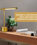 All Brass Mid Century Desk Lamp With Polished Brass Finish Modern Gold Bankers Shade 18 Inch LED Light on desk with flowers