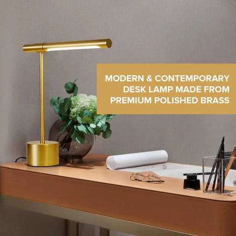 All Brass Mid Century Desk Lamp With Polished Brass Finish Modern Gold Bankers Shade 18 Inch LED Light on desk with flowers