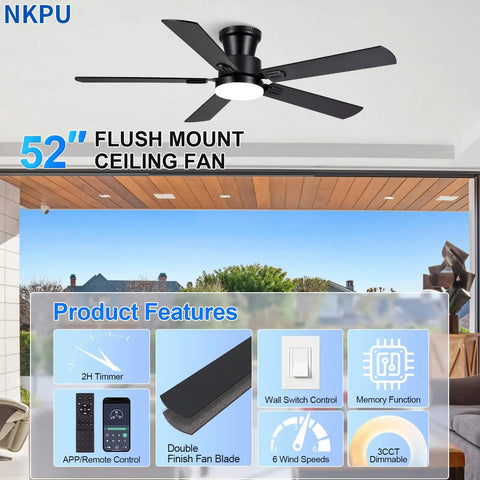 52 Inch Low Profile Ceiling Fan In Matte Black Rolls Silently On A Premium Dc Motor Featuring Easy Peasy App Remote Setup.