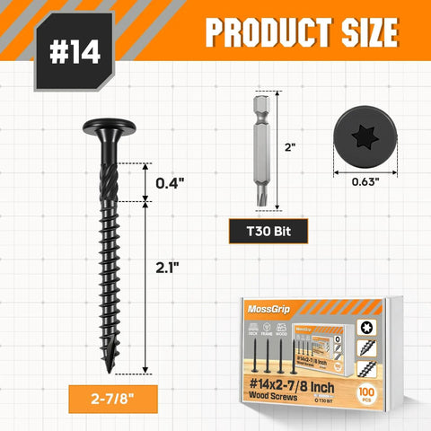 Size 14 Lag Screws 100 Pack For Outdoor Wood, Structural Deck And Framing Screws, Rust Resistant Black Finish, 2-7/8 Inch