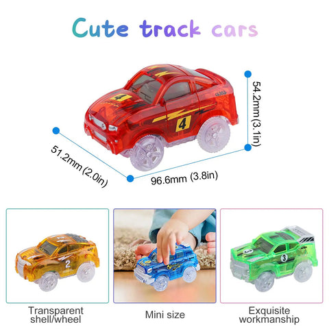Glow In The Dark Track Cars 4 Pack Replacement Toys For Kids Aged 3 To 8 With 5 LED Lights, DIY Stickers, colorful cars