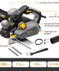Diagram showing parts of Beefy Seven Point Five Amp Corded Electric Planer With 16500 RPM, dual dust system, and accessories