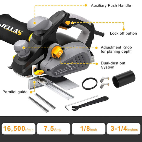 Diagram showing parts of Beefy Seven Point Five Amp Corded Electric Planer With 16500 RPM, dual dust system, and accessories