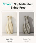 Comparison of Matte PLA+ and Regular PLA 3D printed vases showing smooth, shine-free surface of Matte PLA+ in desert tan.