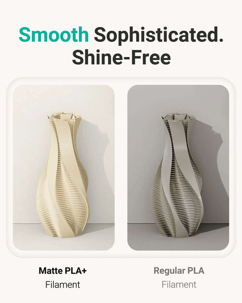 Comparison of Matte PLA+ and Regular PLA 3D printed vases showing smooth, shine-free surface of Matte PLA+ in desert tan.