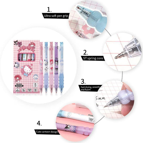 Cartoon Ballpoint Pen 5 Pack With Spring Loaded Tip And Soft Silicone Grip Sleeve Cute Gel Pens For School And Office