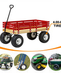 Red garden cart with 4.80/4.00-8 Inner Tube With Bent Valve Stem, suitable for lawn mowers, wheelbarrows, and tractors.