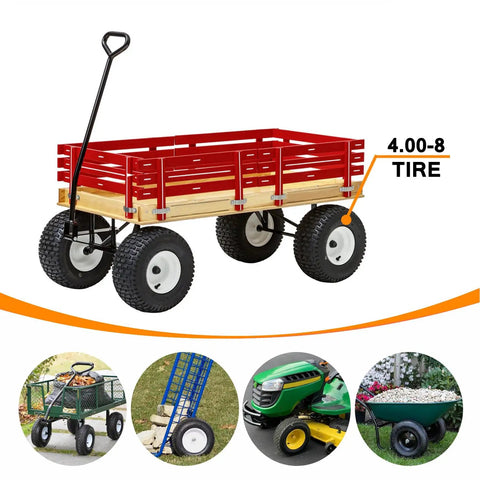 Red garden cart with 4.80/4.00-8 Inner Tube With Bent Valve Stem, suitable for lawn mowers, wheelbarrows, and tractors.
