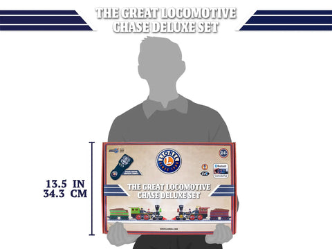 Person holding box of Great Locomotive Chase Deluxe LionChief Bluetooth 5.0 Set with steam locomotive in O gauge