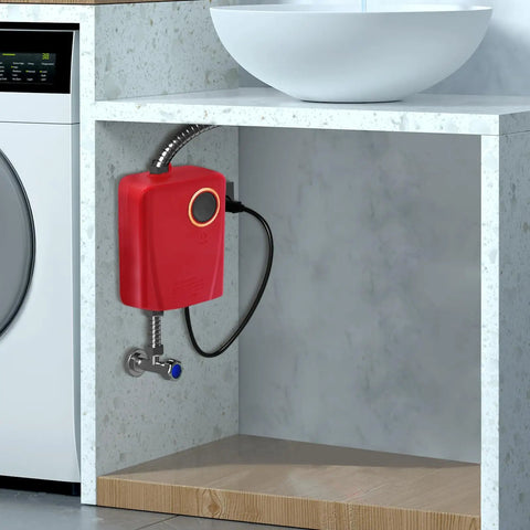 Sleek Red Instant Tankless Electric Water Heater, 3000W On Demand Wall Mount Unit installed under a sink.