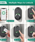 Slick Smart Deadbolt Lock With Keypad And Ai Fingerprint Scanner For Keyless Entry Door Featuring Bluetooth App Access Smooth Self Learning Fingerprints And No Sweat Security Setup showcasing various unlocking methods.