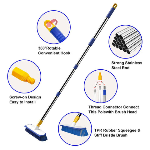 Extendable Floor Scrub Brush 12 Inch Wide Heavy Duty Grime Busting Two In One Scrub And Squeegee Deck Brush with stainless steel pole