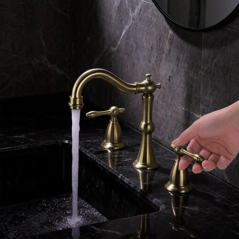 Hand using 8 Inch Widespread Brushed Gold Bathroom Faucet With Overflow Pop Up Drain Assembly And 3 Hole Mount Solid Brass Vanity Sink Tap Complete With cUPC Water Supply Lines For Dope Luxury Look