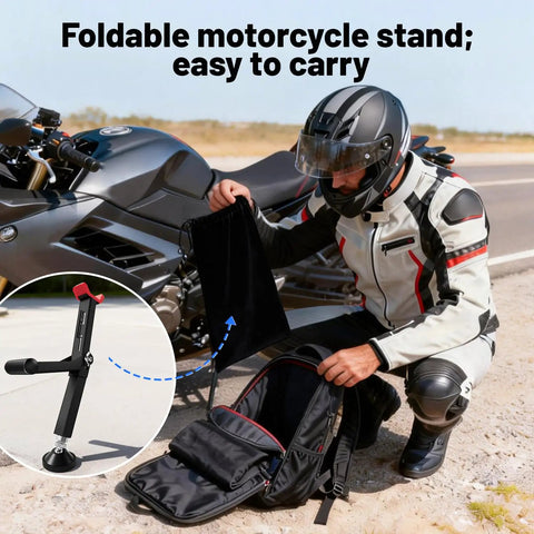 Motorcyclist packing Compact Foldable Motorcycle Wheel Lift Stand For Front Or Rear Wheels, Ultra Portable Trail Stand into backpack