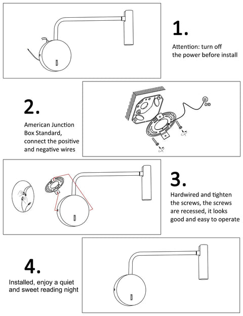 Installation guide for Wall Mounted Reading Light For Bedroom With LED Swing Arm Sconce, Hardwired Bedside Lamp, step-by-step instructions