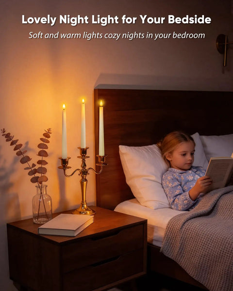 Green Striped Flameless Taper Candles With Remote Timer, 6 Pack, 9.6 Inch Real Wax Battery Operated Candlesticks in bedroom