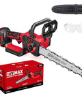 10 Inch Cordless Chainsaw With Brushless Motor Auto Oiler For Wood Cutting Battery Powered Mini Chainsaw Tool Only Compatible With 18V Lithium Ion Batteries Killer For Yard Work And Quick Cuts, shown with package, glasses, and cover.