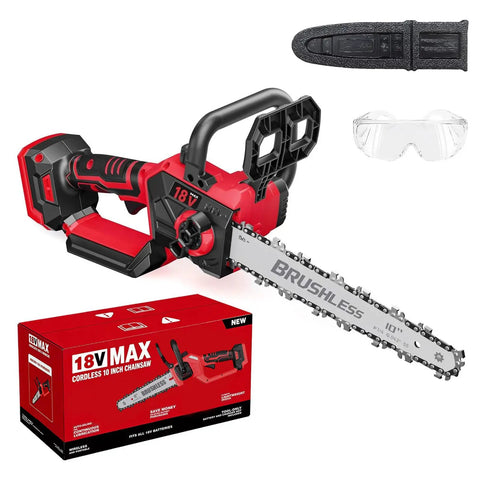 10 Inch Cordless Chainsaw With Brushless Motor Auto Oiler For Wood Cutting Battery Powered Mini Chainsaw Tool Only Compatible With 18V Lithium Ion Batteries Killer For Yard Work And Quick Cuts, shown with package, glasses, and cover.