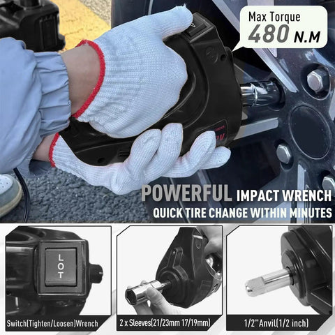 Person using impact wrench from All In One 5 Ton 12V Electric Car Jack Kit With Hydraulic Floor Jack, Inflatable Pump and LED Light