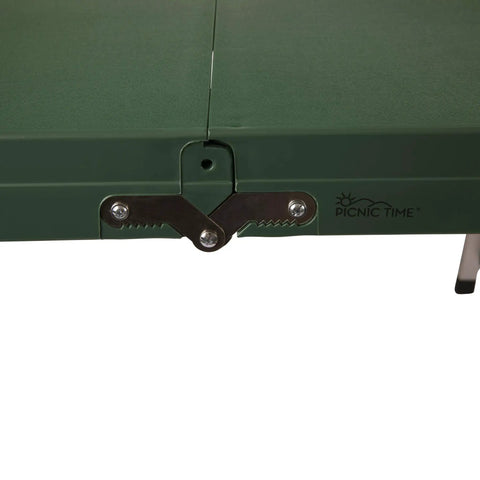 Close-up of hinge on Foldable Picnic Table With Built-In Benches For Four, Outdoor Camping Table, Hunter Green, easy foldout legs