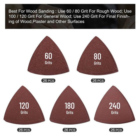 All In One Oscillating Tool Sanding Pad Kit With Six Triangle Pads shown, includes 60, 80, 120, 180, 240 grits for wood, plaster use.