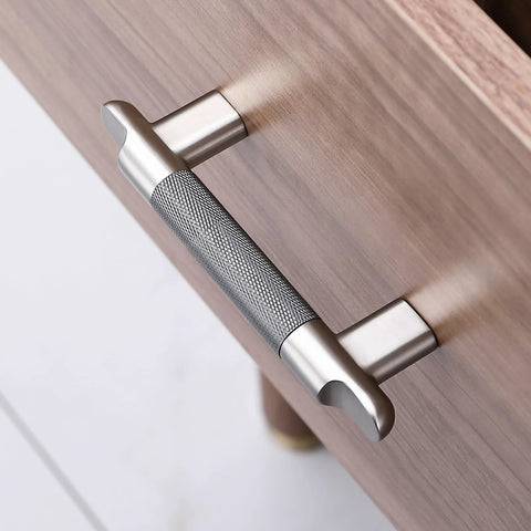 Knurled Cabinet Pulls Three And Three Quarters Inch Center To Center Five Pack In Grey And Brushed Nickel on wood cabinet