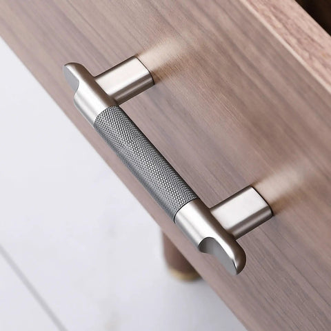 Ten Pack Six And A Quarter Inch Center To Center Drawer Pulls With Knurling Diamond Pattern For Cabinets on wooden drawer