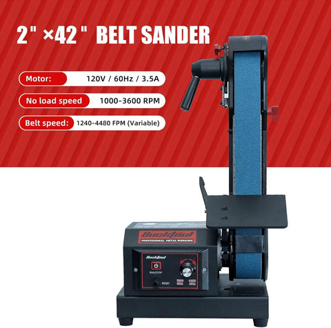 Beefy Variable Speed Belt Sander For Metalworking, 2x42 Inch, 3.5A DC Motor With Control Panel, Quick Belt Release, Adjustable Foot