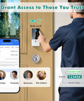 Person using Keyless Smart Lock Deadbolt with fingerprint and app control for home, rental, and Airbnb on a wooden door.