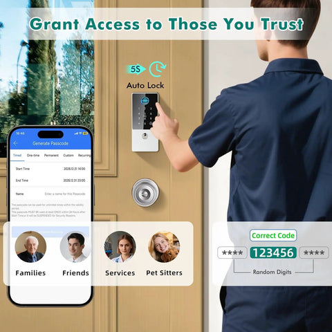 Person using Keyless Smart Lock Deadbolt with fingerprint and app control for home, rental, and Airbnb on a wooden door.