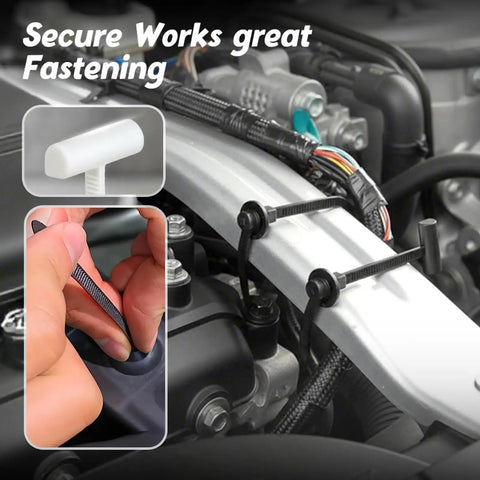 Heavy Duty Nylon Zip Ties With Pin And Button Buckle For Car Repairs Universal Cable Tie Buckle shown fastening engine wire.