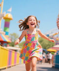 Child in colorful floral dress running happily at an amusement park under sunny blue sky.
