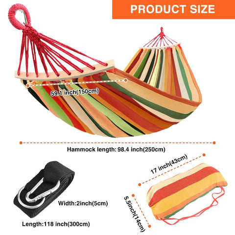 Portable Hammock With Carrying Bag And Two Tree Straps For Camping Travel And Beach Outdoor Fun Supports Up To 660 Lbs Anti Roll Over Wooden Frame For Stable Balance Great For Single Or Double Use, striped design and dimensions displayed