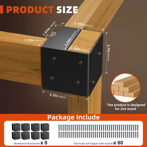 Heavy Duty Steel Corner Bracket Kit For DIY Workbenches And Shelves with 8 brackets and 80 screws fits 1.5 by 3.5 inch 2x4 lumber