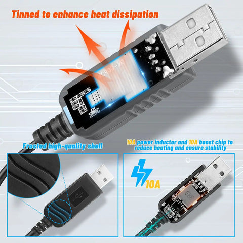 USB To DC 12V Step Up Power Cable 3ft with frosted high-quality shell and LED indicator, exposed internal components