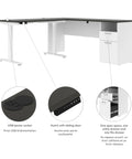 L Shaped Electric Standing Desk with USB socket and motorized lift, showcasing storage features in deep grey and white design.