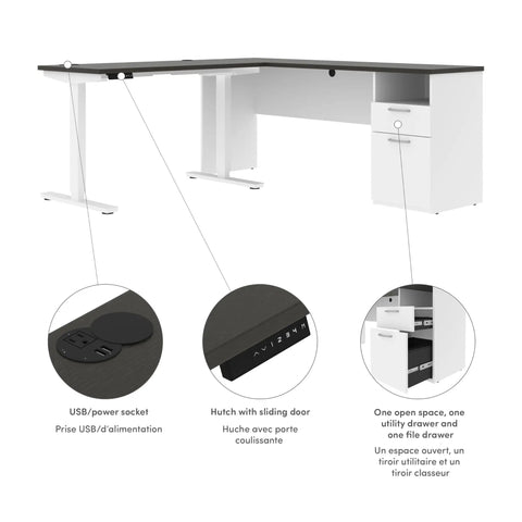 L Shaped Electric Standing Desk with USB socket and motorized lift, showcasing storage features in deep grey and white design.
