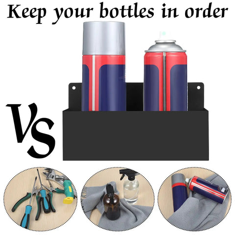 Magnetic Spray Can Holder 4 Pack Heavy Duty Pro Grade Wall Mounted Bottle Rack in use, organizing spray cans for easy access.