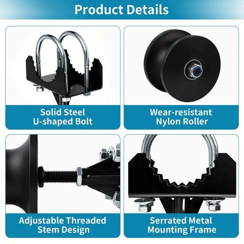 Cantilevered Gate Roller Built Tough With Heavy Duty Nylon Wheel And Weather Resistant Frame, Steel U Bolt And Mounting Hardware For Quick Install Fits Four Inch Round Posts And Two And Three Eighths Inch Or Two And A Half Inch Chain Link Fence Frames. product details showing U-bolt, nylon roller, threaded stem, and mounting frame