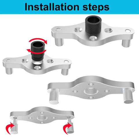 Precision Dowel Jig Kit For Floating Shelves Includes Half Inch Drill Bit Dead Nuts Centered Guide installation steps shown.