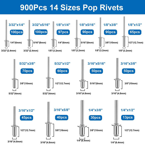 All In One Pop Rivet Kit With 1001 Pieces Rivets And Stainless Washers In Portable Toolbox For Metal Auto Furniture And Instrument Repairs Smseace Ideal For Diy Projects displaying 900 pop rivets in 14 sizes