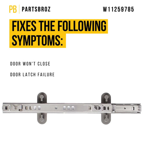 Left Side Dish Rack Slide Rail for Dishwasher Replacement W11259785 showcasing fixes for door latch issues.
