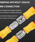Yellow quick disconnects for automotive DIY, showing crimped wires and connectors, with text about connection efficiency.