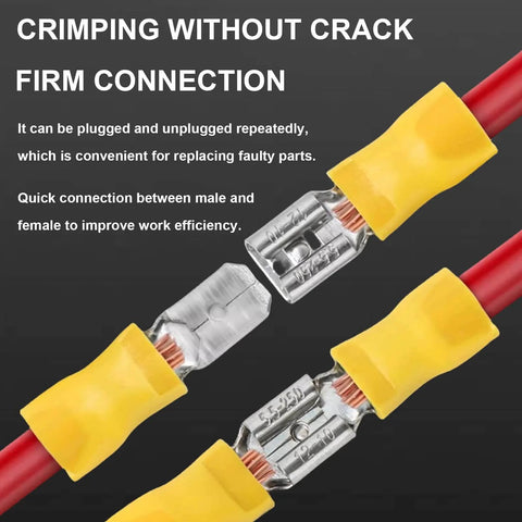 Yellow quick disconnects for automotive DIY, showing crimped wires and connectors, with text about connection efficiency.