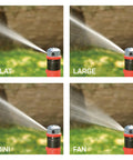 Four Pattern Adjustable Rotary Sprinkler With Quick Connect Starter Set For Lawn And Garden, 360 Degree Coverage, showing four spray patterns.