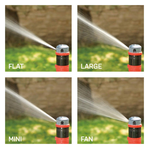 Four Pattern Adjustable Rotary Sprinkler With Quick Connect Starter Set For Lawn And Garden, 360 Degree Coverage, showing four spray patterns.
